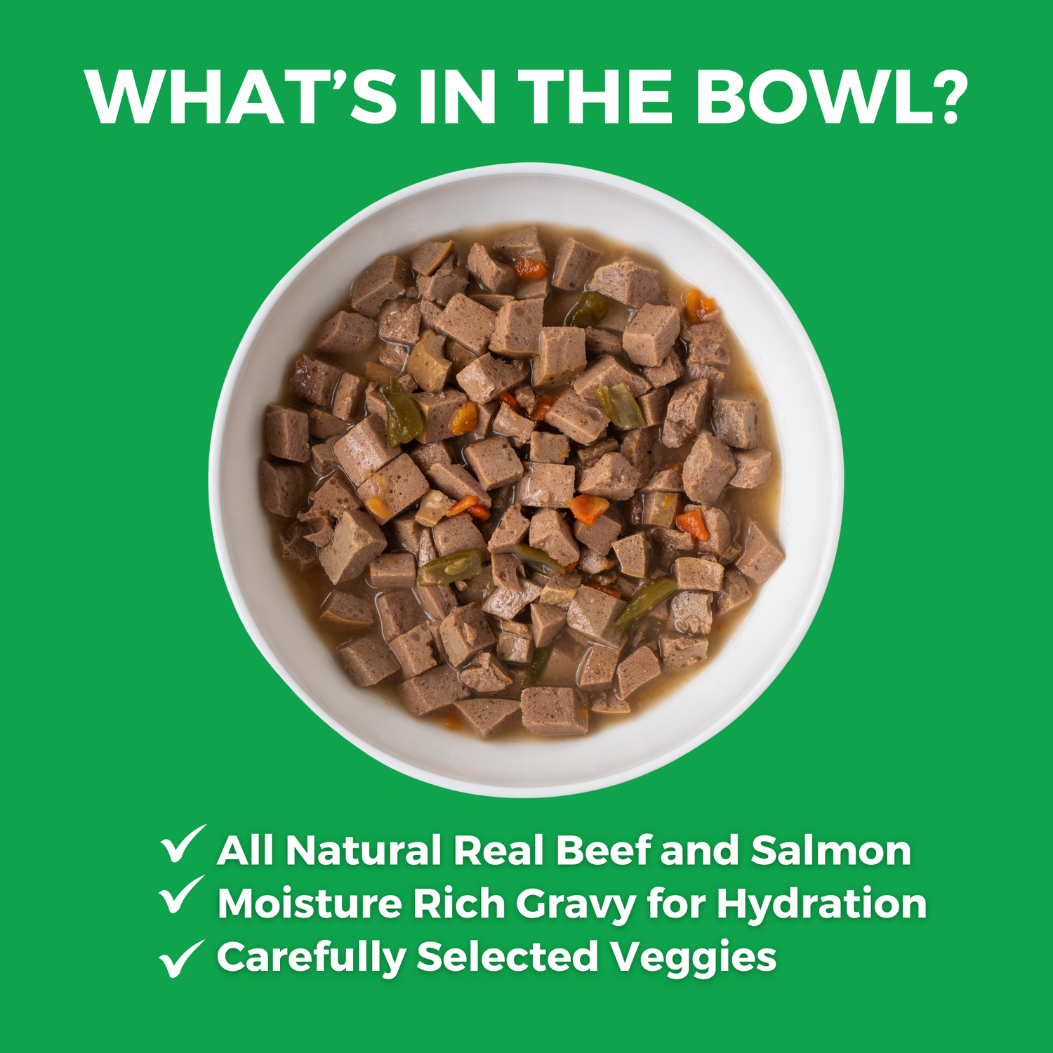 KOHA slow cooked stew in a white bowl with the heading What's in the Bowl? And bullets that say All Natural Real Chicken and Pork, Moisture Rick Gravy for Hydration, and Carefully Selected Veggies. 