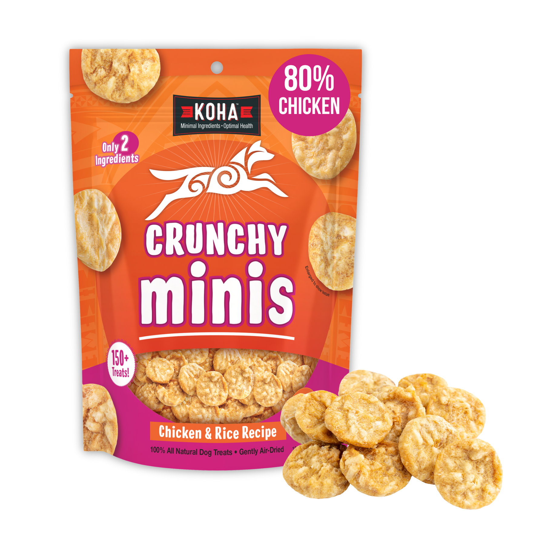 Koha Crunchy Minis dog treats packaging with treats displayed on a white background with a New! burst and some treats outside the package. 