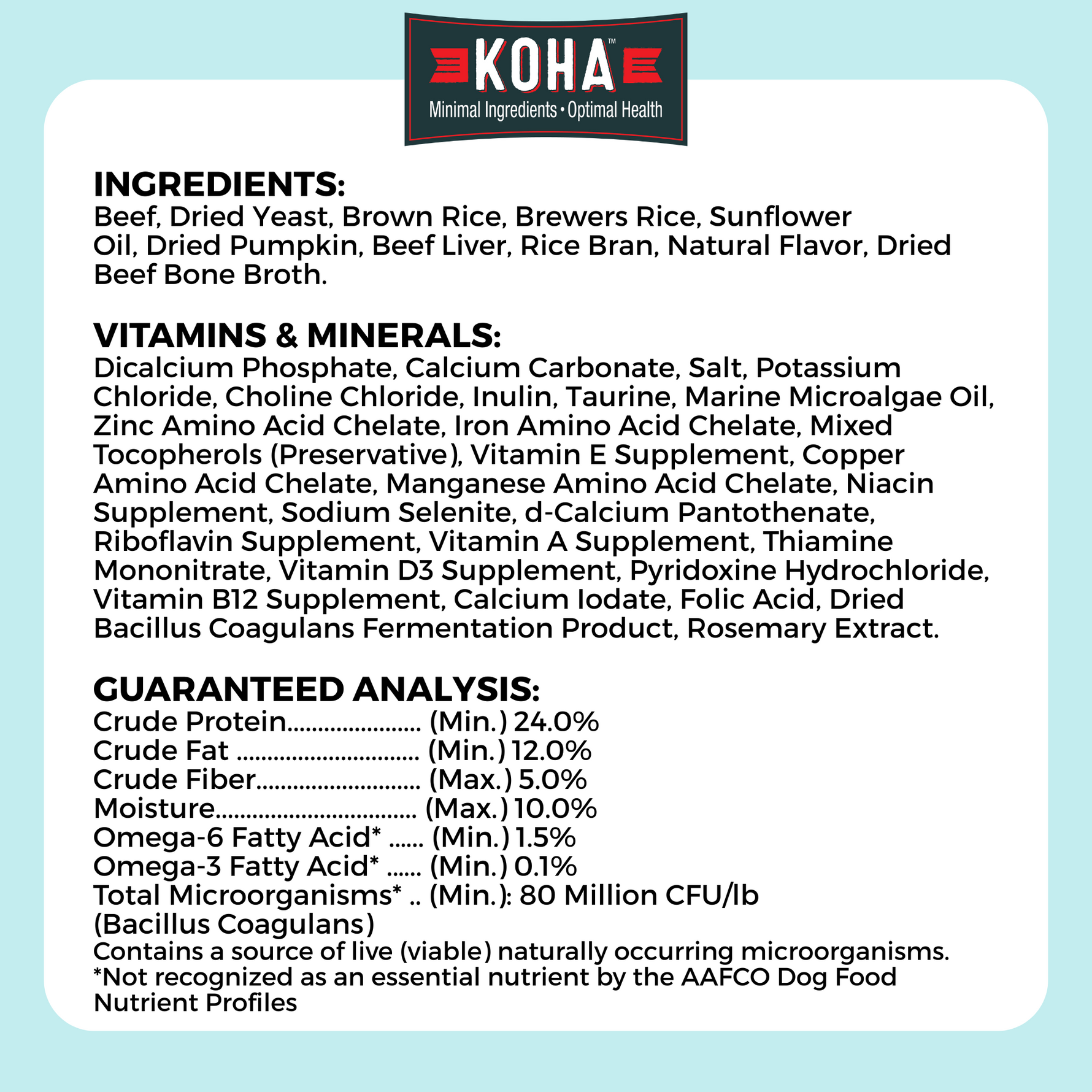 Image listing ingredients, vitamins and minerals, and guaranteed analysis