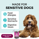 Graphic with a light blue background and a dog laying down next to a can of KOHA food. The copy says Made for Sensitive Dogs. In a box, the bullets say Food Allergies, Sensitive Stomachs, Digestive Issues. The bottom says Single Animal Protein. 
