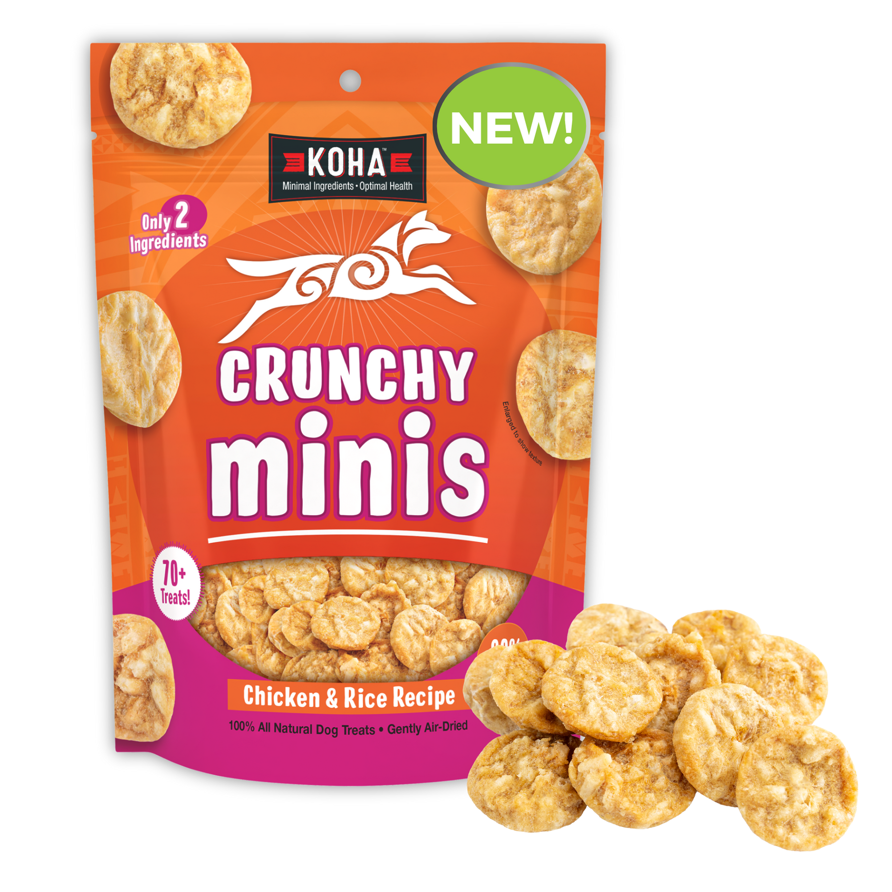 Koha Crunchy Minis dog treats packaging with treats displayed on a white background with a New! burst and some treats outside the package. 