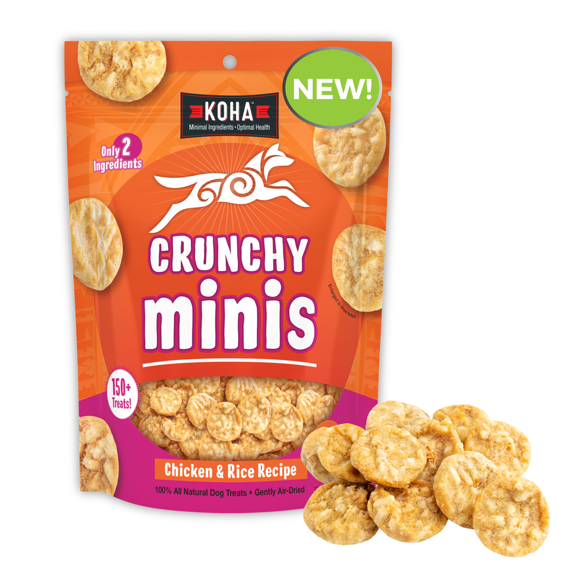 Koha Crunchy Minis dog treats packaging with treats displayed on a white background with a New! burst and some treats outside the package. 