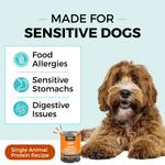 Graphic with a light blue background and a dog laying down next to a can of KOHA food. The copy says Made for Sensitive Dogs. In a box, the bullets say Food Allergies, Sensitive Stomachs, Digestive Issues. The bottom says Single Animal Protein. 
