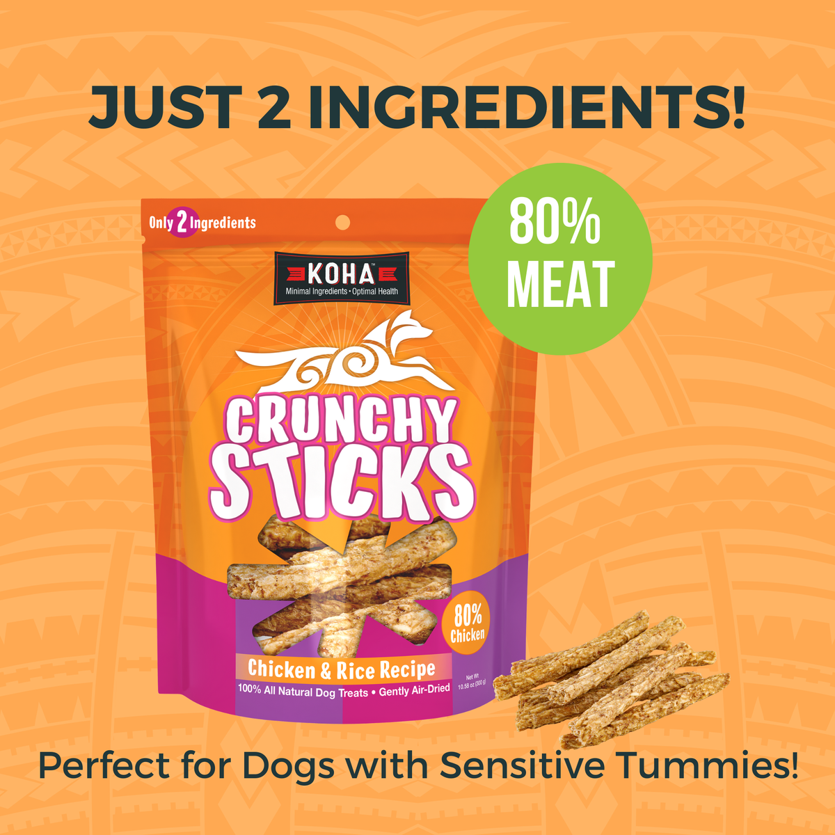 Image of Crunchy Sticks package with headings that say Just 2 Ingredients, 80% Meat and Perfect for Dogs with Sensitive Tummies. 