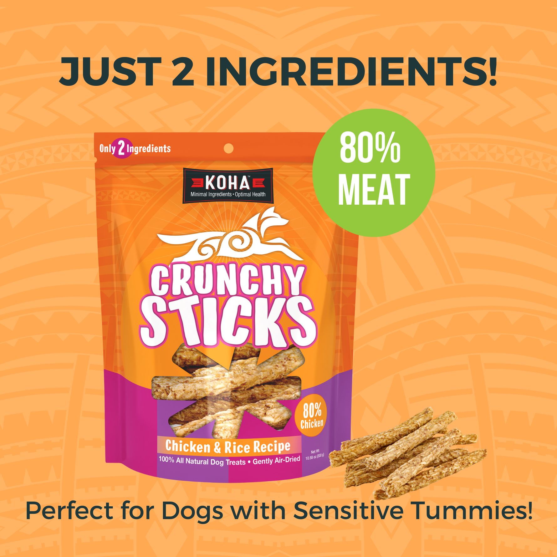 Image of Crunchy Sticks package with headings that say Just 2 Ingredients, 80% Meat and Perfect for Dogs with Sensitive Tummies. 