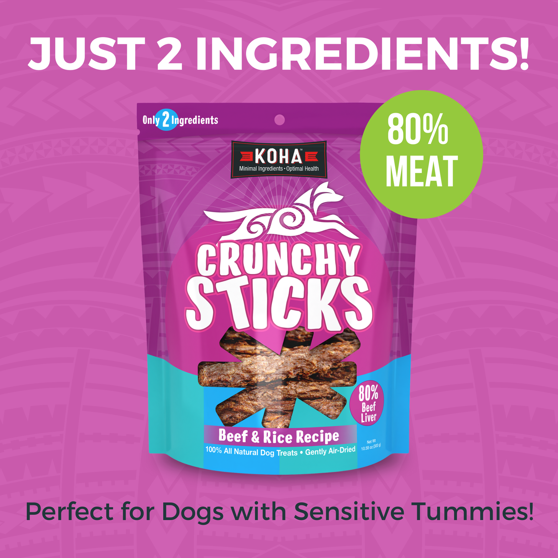 Image of Crunchy Sticks package with headings that say Just 2 Ingredients, 80% Meat and Perfect for Dogs with Sensitive Tummies. 