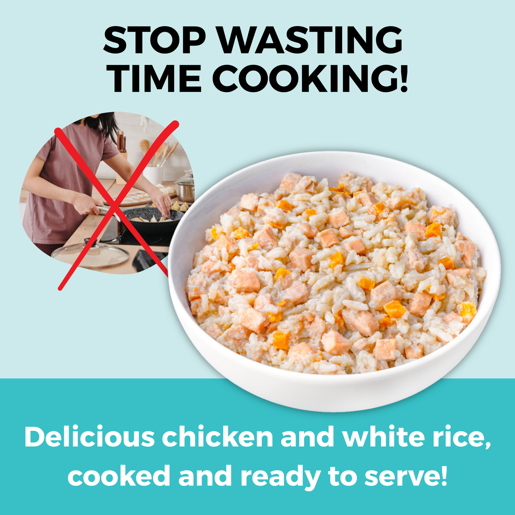 Graphic showing a ready-to-serve chicken and white rice meal for dogs that eliminates the need for home cooking.