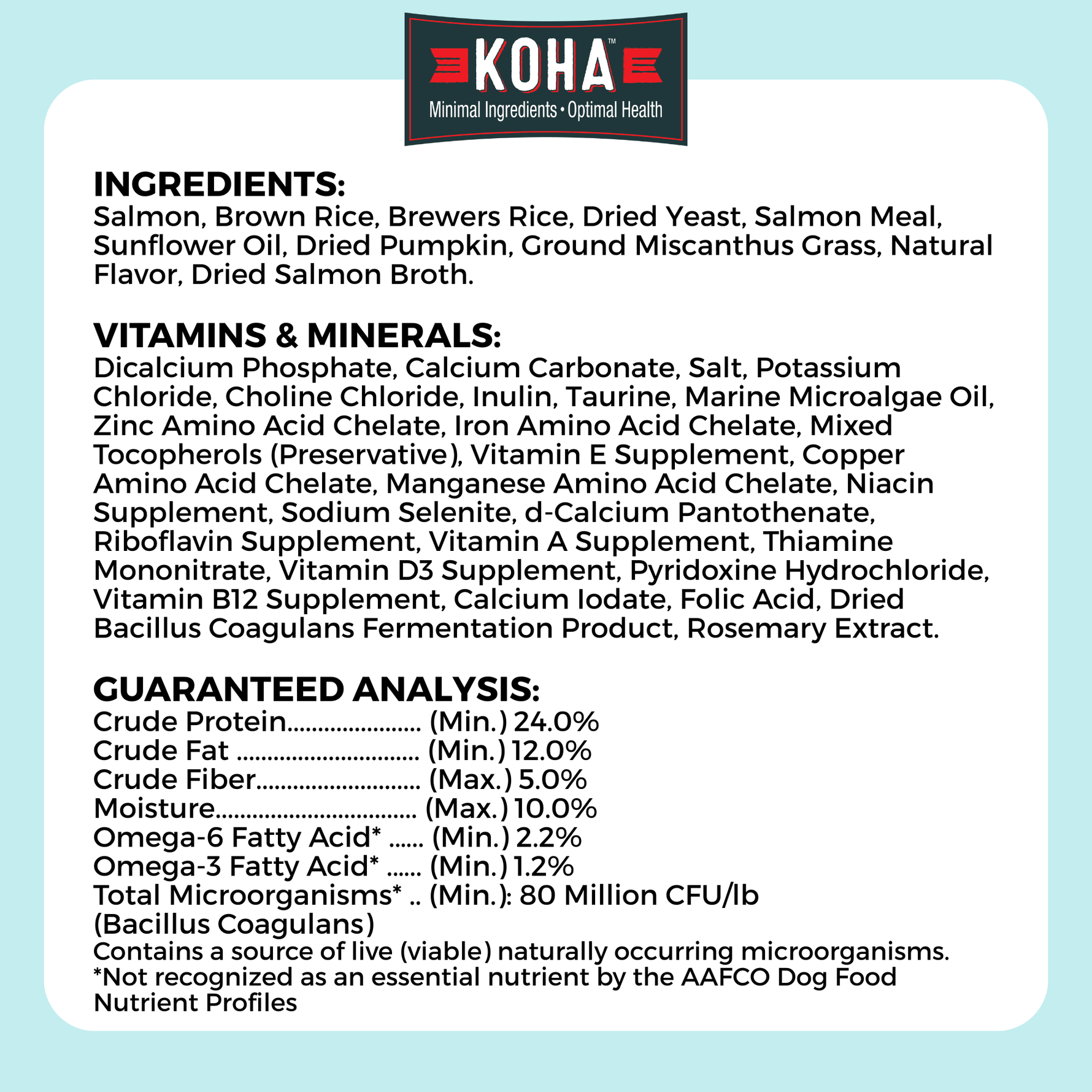 Image listing ingredients, vitamins and minerals, and guaranteed analysis