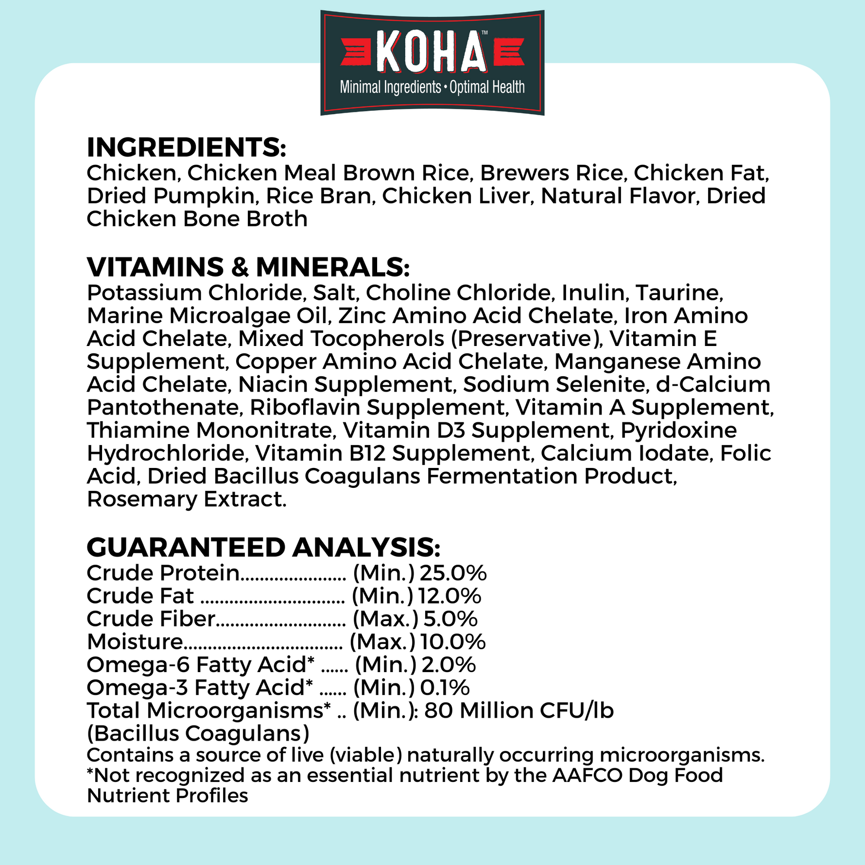 Image listing ingredients, vitamins and minerals, and guaranteed analysis