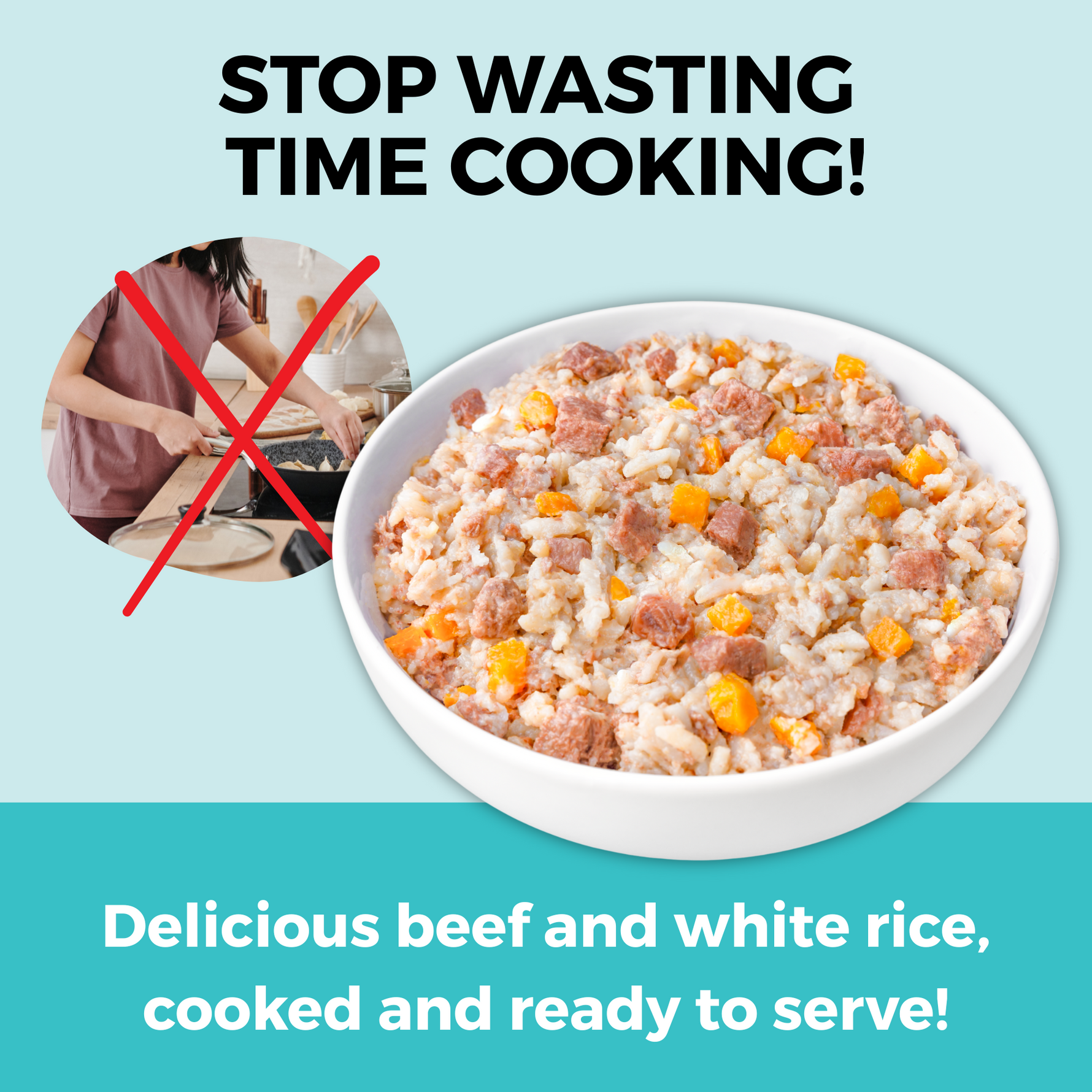 Graphic showing a ready-to-serve beef and white rice meal for dogs that eliminates the need for home cooking.