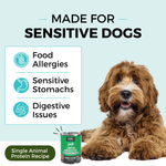 Graphic with a light blue background and a dog laying down next to a can of KOHA food. The copy says Made for Sensitive Dogs. In a box, the bullets say Food Allergies, Sensitive Stomachs, Digestive Issues. The bottom says Single Animal Protein. 
