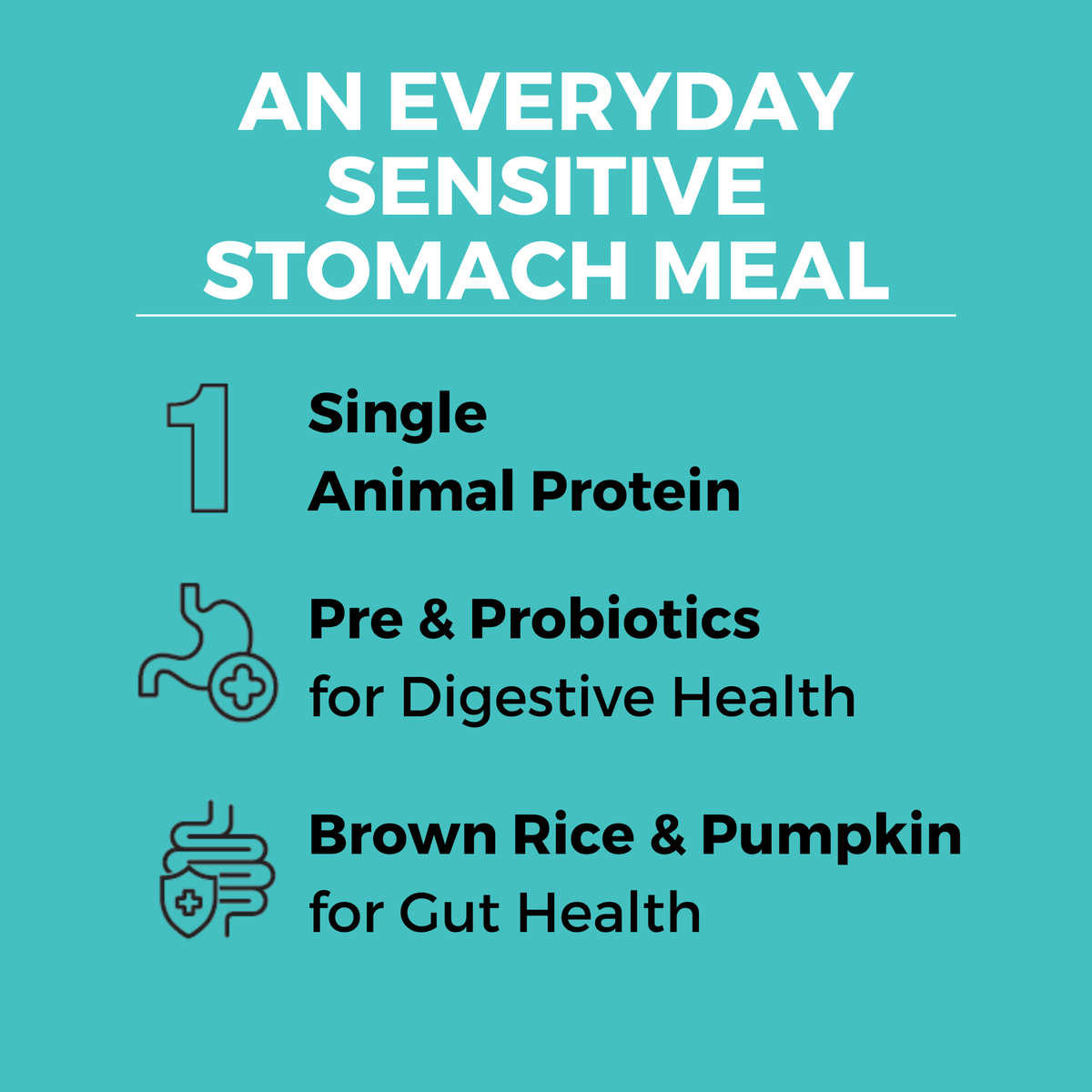 Graphic showing sensitive stomach dog food with 1 animal protein, pre & probiotic, and brown rice & pumpkin for gut health