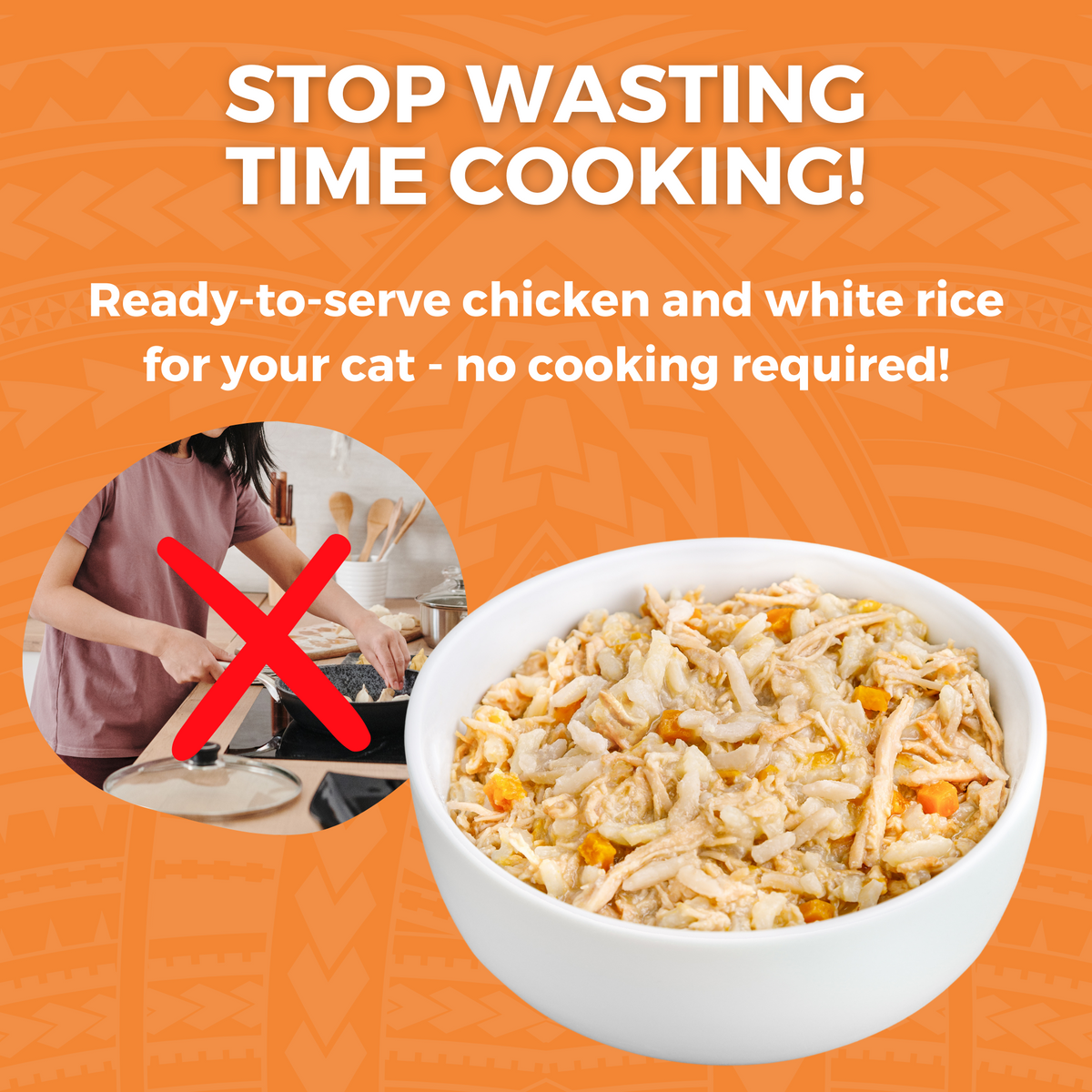 Graphic showing KOHA Bland Diet Wet Food for Cats as a ready-to-serve meal, eliminating the need for home cooking