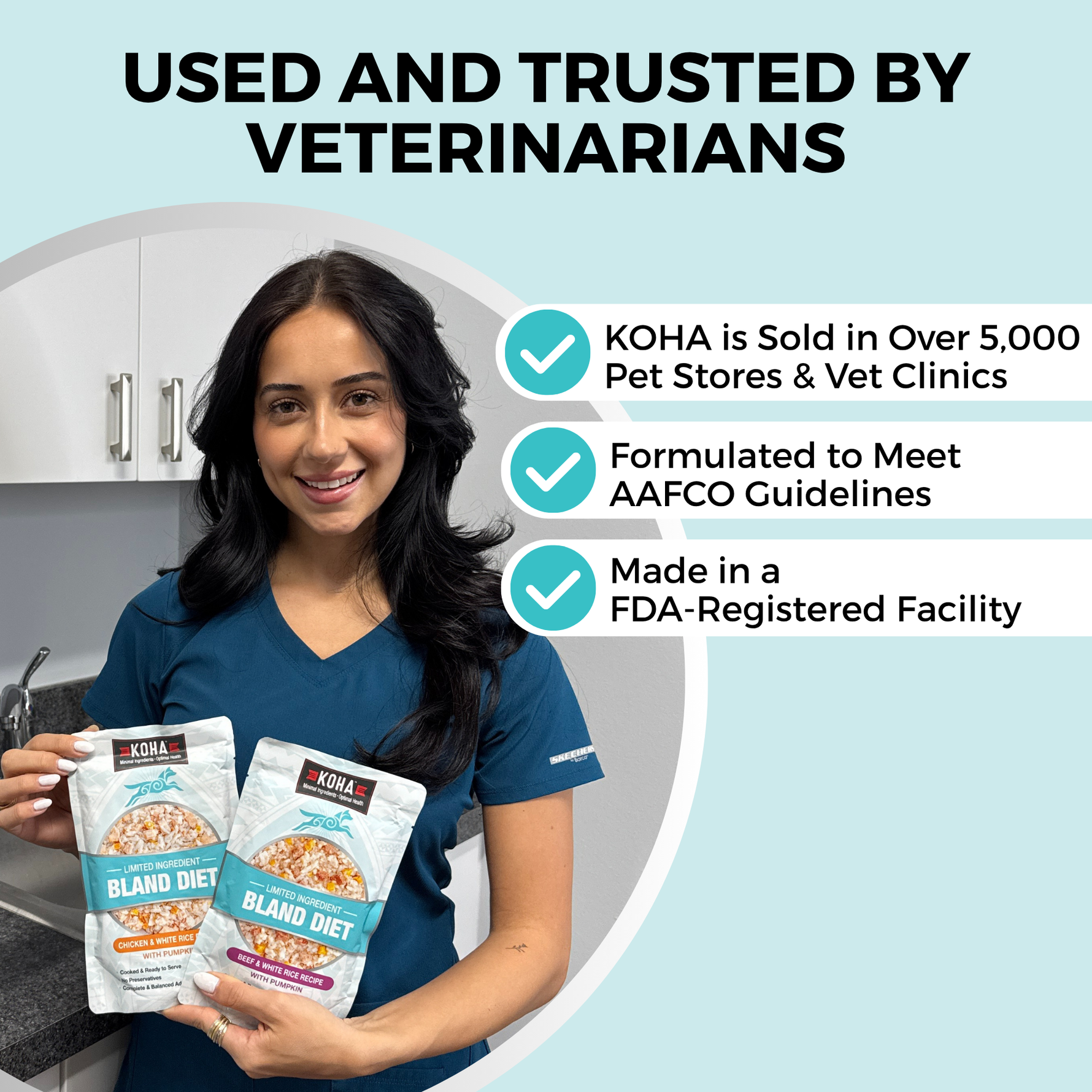 Graphic showing a veterinarian holding KOHA Bland Diet products for dogs, highlighting veterinary trust, AAFCO guidelines, and FDA-registered manufacturing.