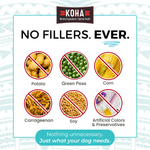 A graphic with a white background and KOHA tribal border with copy that says NO FILLERS. EVER and has 6 ingredients crossed out including Potato, Green Peas, Corn, Carrageenan, Soy and Artificial colors & preservatives. The copy at the bottom says Nothing unnecessary. Just what your dog needs. 