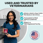 A woman in blue medical scrubs holding a can of KOHA pet food. The copy says Used and Trusted by Veterinarians. There are three bullet points that say: KOHA is sold in over 5,000 pet stores and vet clinics, formulated to meet AAFCO guidelines, and Made in an FDA registered facility. There is a graphic representing the American Flag that says Made in the USA.
