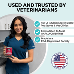 A woman in blue medical scrubs holding a can of KOHA pet food. The copy says Used and Trusted by Veterinarians. There are three bullet points that say: KOHA is sold in over 5,000 pet stores and vet clinics, formulated to meet AAFCO guidelines, and Made in an FDA registered facility. There is a graphic representing the American Flag that says Made in the USA.

