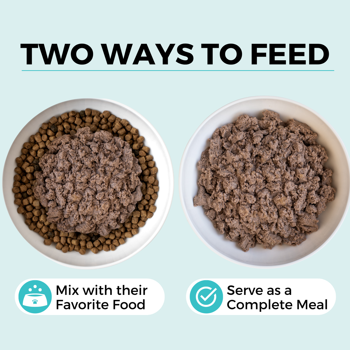 Graphic showing two great ways to feed.  Caption says mix with their favorite food under a bowl of dry food with wet food on top. And caption says serve as a complete meal under a bowl full of wet food only.
