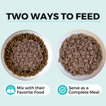 Graphic showing two great ways to feed.  Caption says mix with their favorite food under a bowl of dry food with wet food on top. And caption says serve as a complete meal under a bowl full of wet food only.
