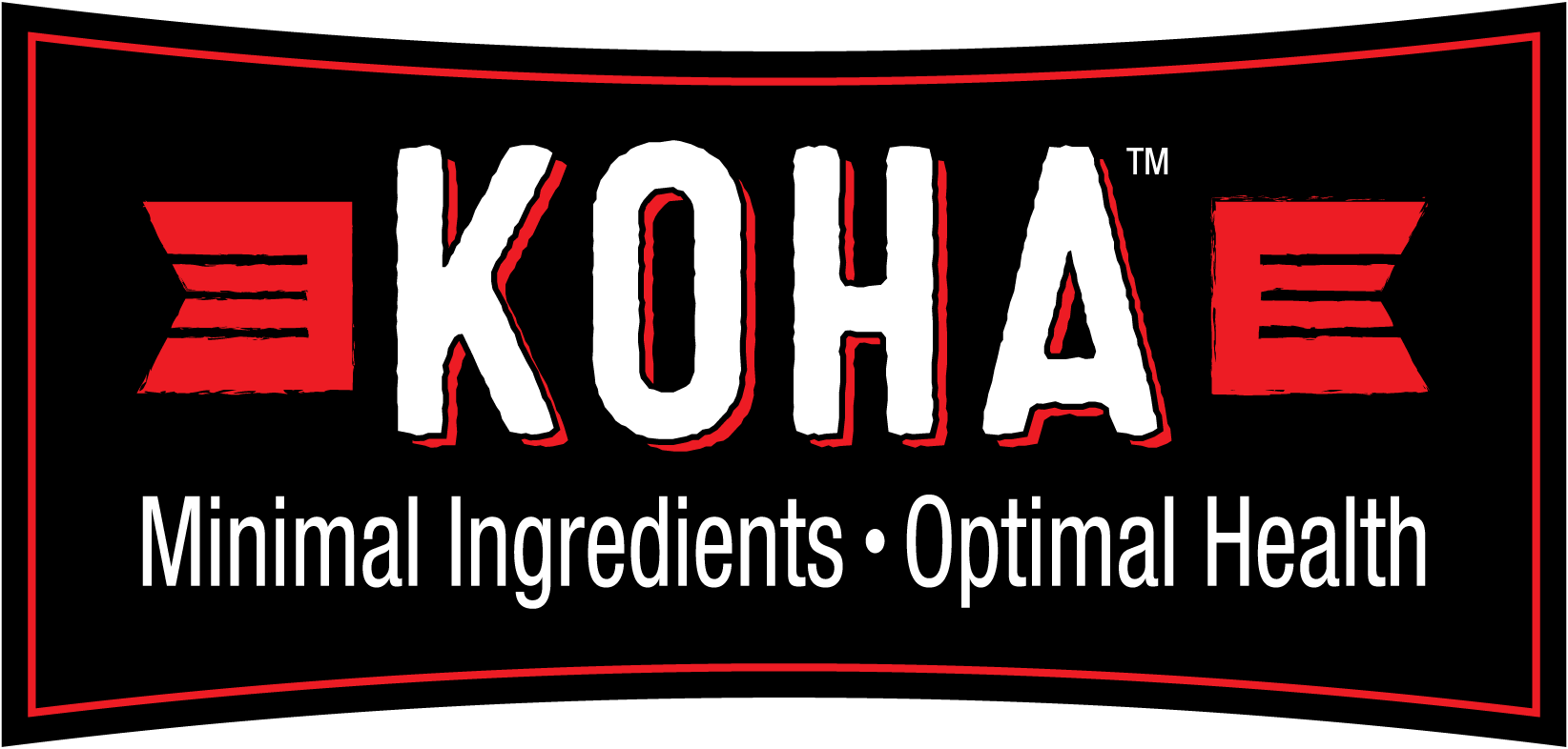 A black rectangular graphic with a red border and large white KOHA lettering outlined in red, with the tagline 'Minimal Ingredients • Optimal Health' below.