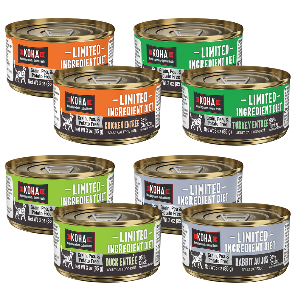 Image of 8 cans of Limited ingredient diet cat entrées in chicken, turkey, duck and rabbit. 