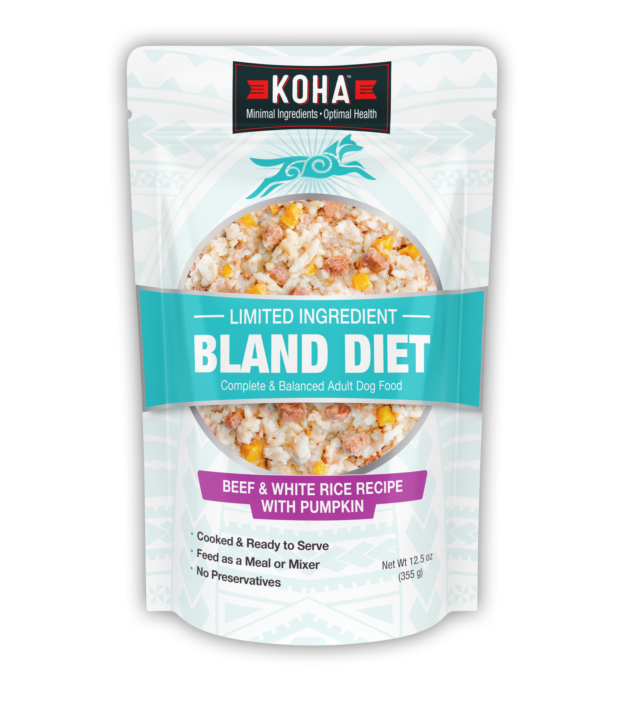 Packet of KOHA bland diet dog food with beef, rice, and pumpkin.