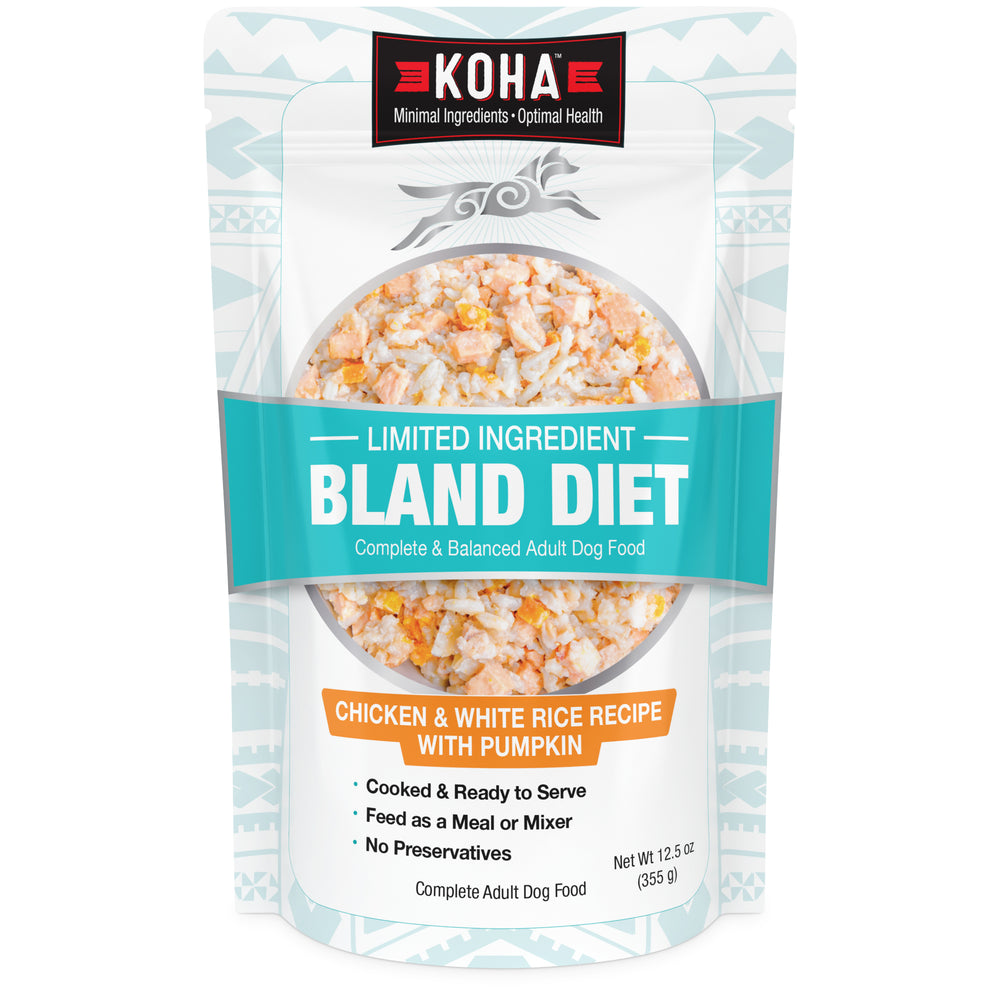 A stand-up pouch of KOHA Limited Ingredient Bland Diet dog food, Chicken & White Rice Recipe with Pumpkin, shown on a clean white background.