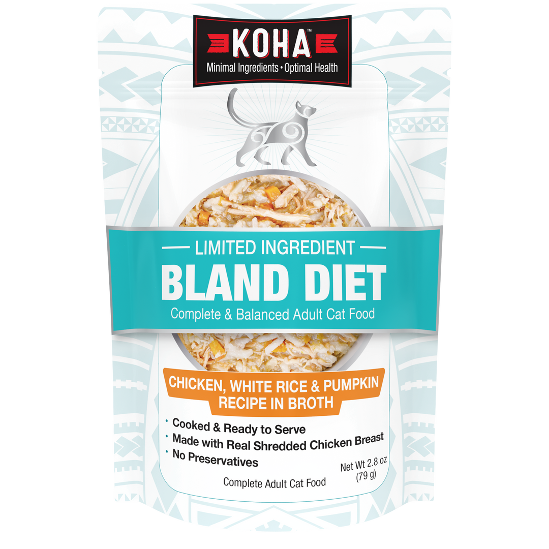 A stand-up pouch of KOHA Bland Diet adult cat food, featuring a white and teal design with a photo of cooked chicken, white rice, and pumpkin in broth on the front.