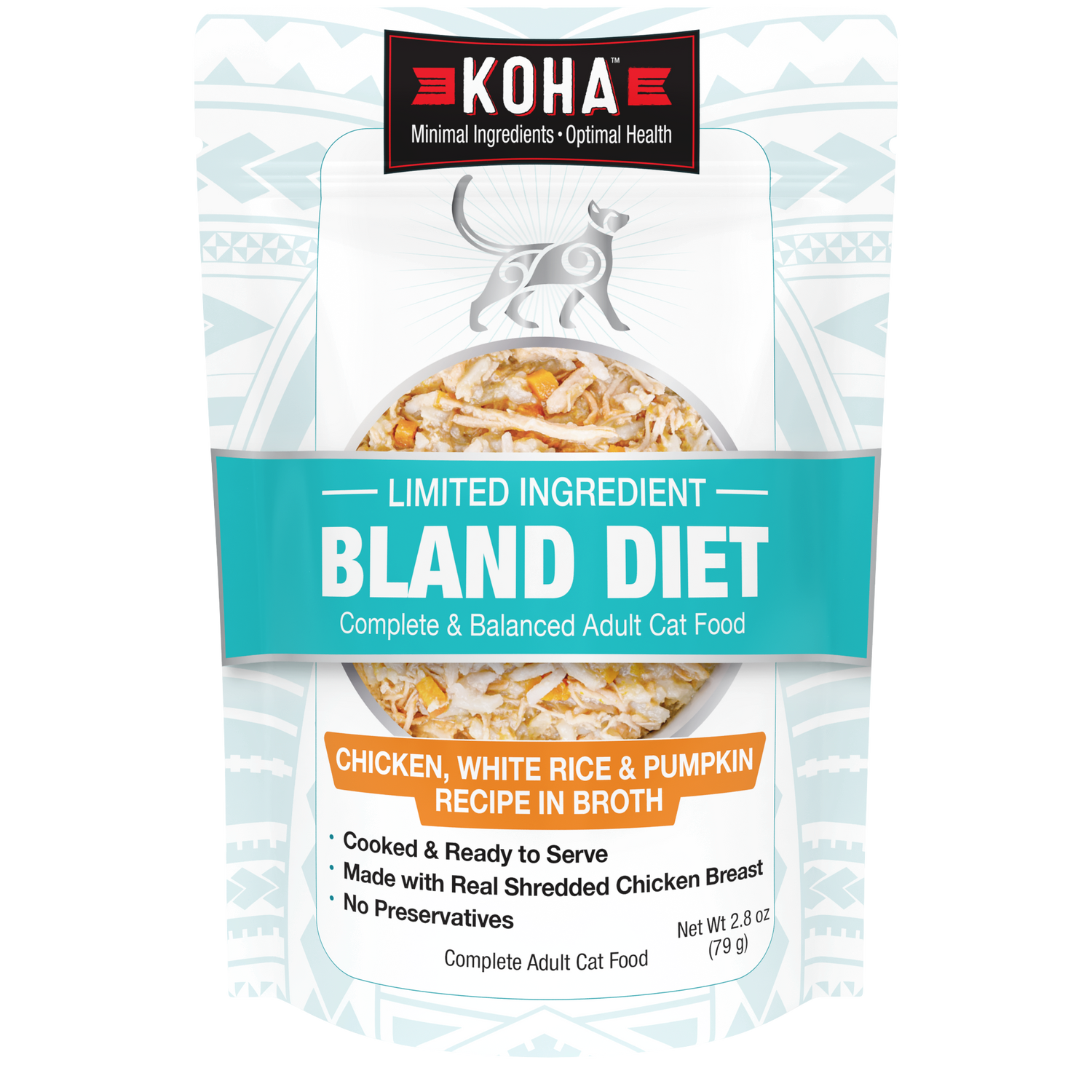 A stand-up pouch of KOHA Bland Diet adult cat food, featuring a white and teal design with a photo of cooked chicken, white rice, and pumpkin in broth on the front.
