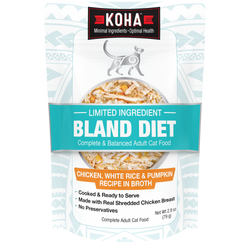 A stand-up pouch of KOHA Bland Diet adult cat food, featuring a white and teal design with a photo of cooked chicken, white rice, and pumpkin in broth on the front.