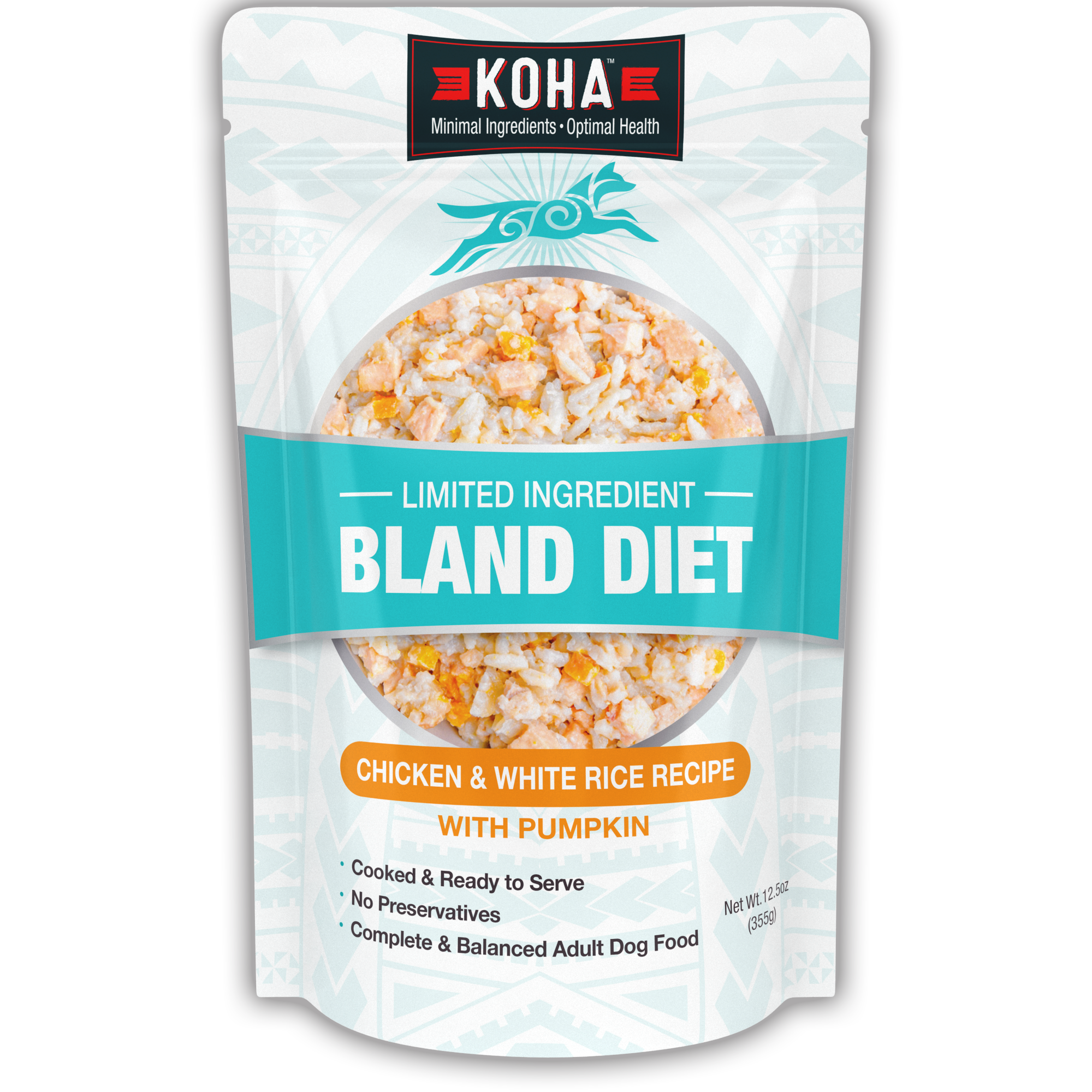 Dog food package labeled 'Limited Ingredient Bland Diet' with chicken, white rice, and pumpkin.