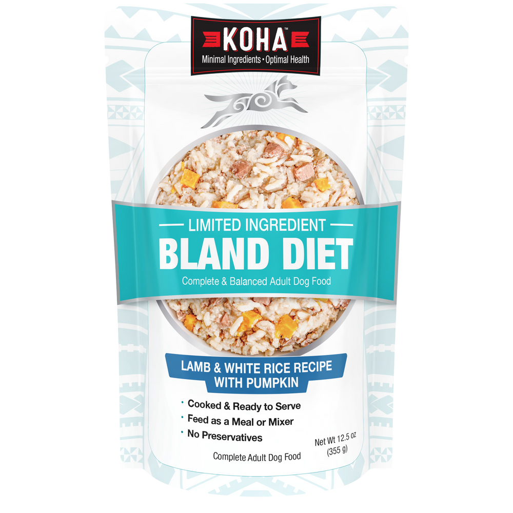 Koha limited ingredient bland diet dog food package with lamb, white rice, and pumpkin on a white background.