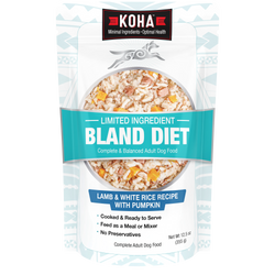 Koha limited ingredient bland diet dog food package with lamb, white rice, and pumpkin on a white background.