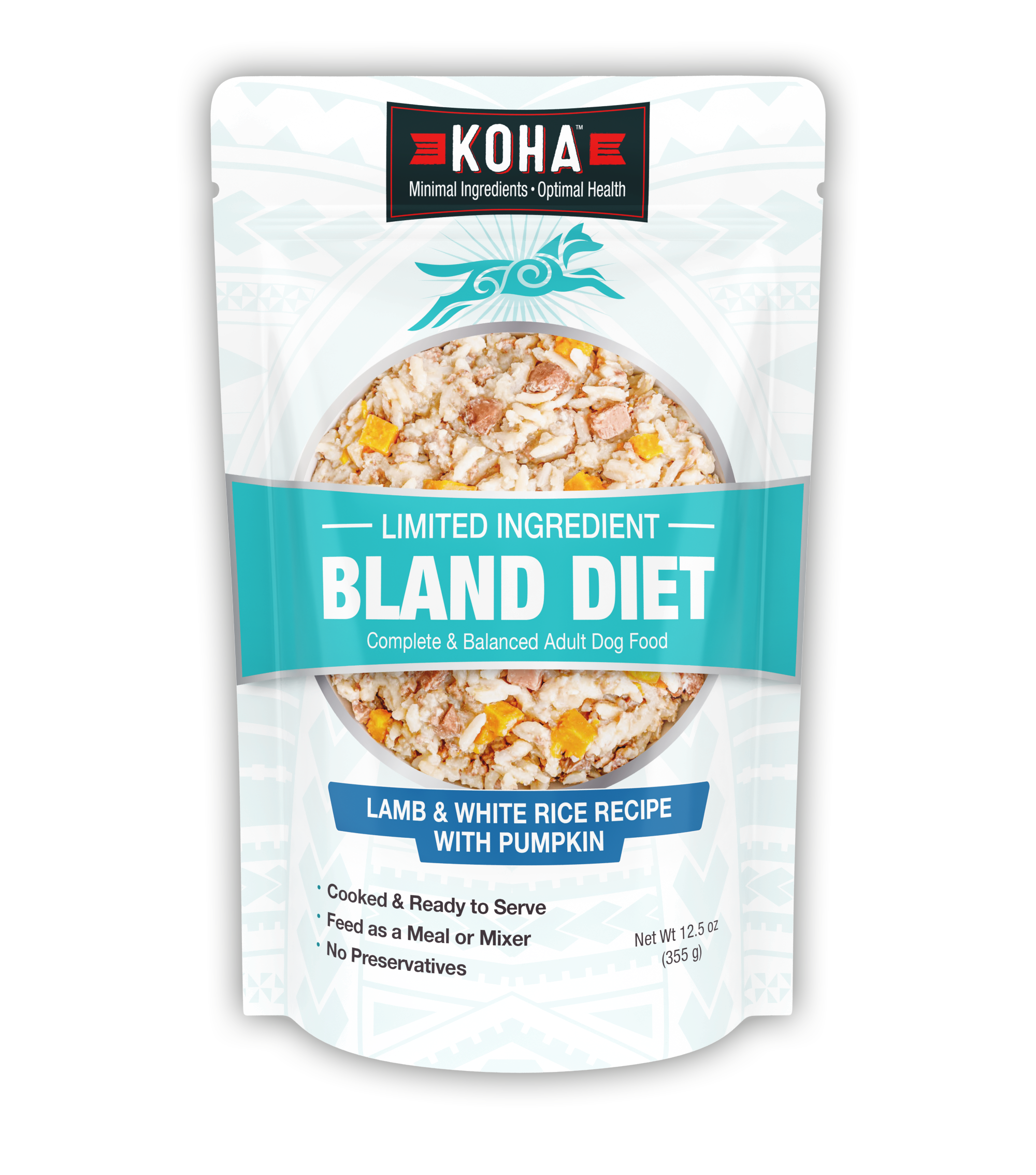Packet of KOHA bland diet dog food with beef, rice, and pumpkin.