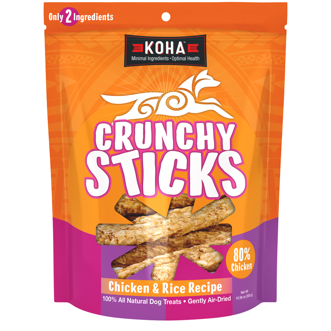 Bag of Koha Crunchy Sticks, chicken and rice dog treats.