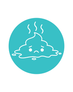A circular teal icon featuring a white line drawing of a sad, steaming poop emoji on a plain white background.