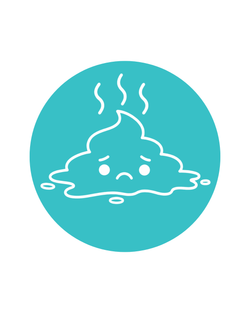 A circular teal icon featuring a white line drawing of a sad, steaming poop emoji on a plain white background.