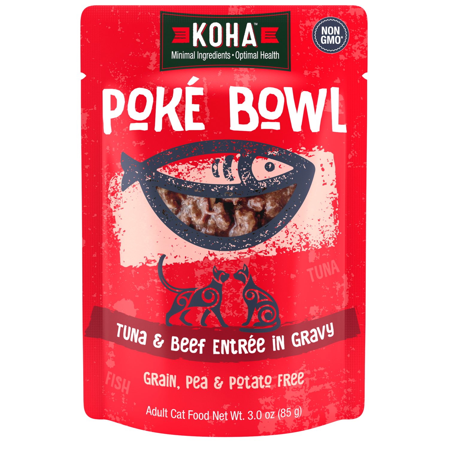 KOHA Poké Bowl Tuna & Beef Entrée in Gravy adult cat food pouch. Grain, pea and potato free and non-GMO.