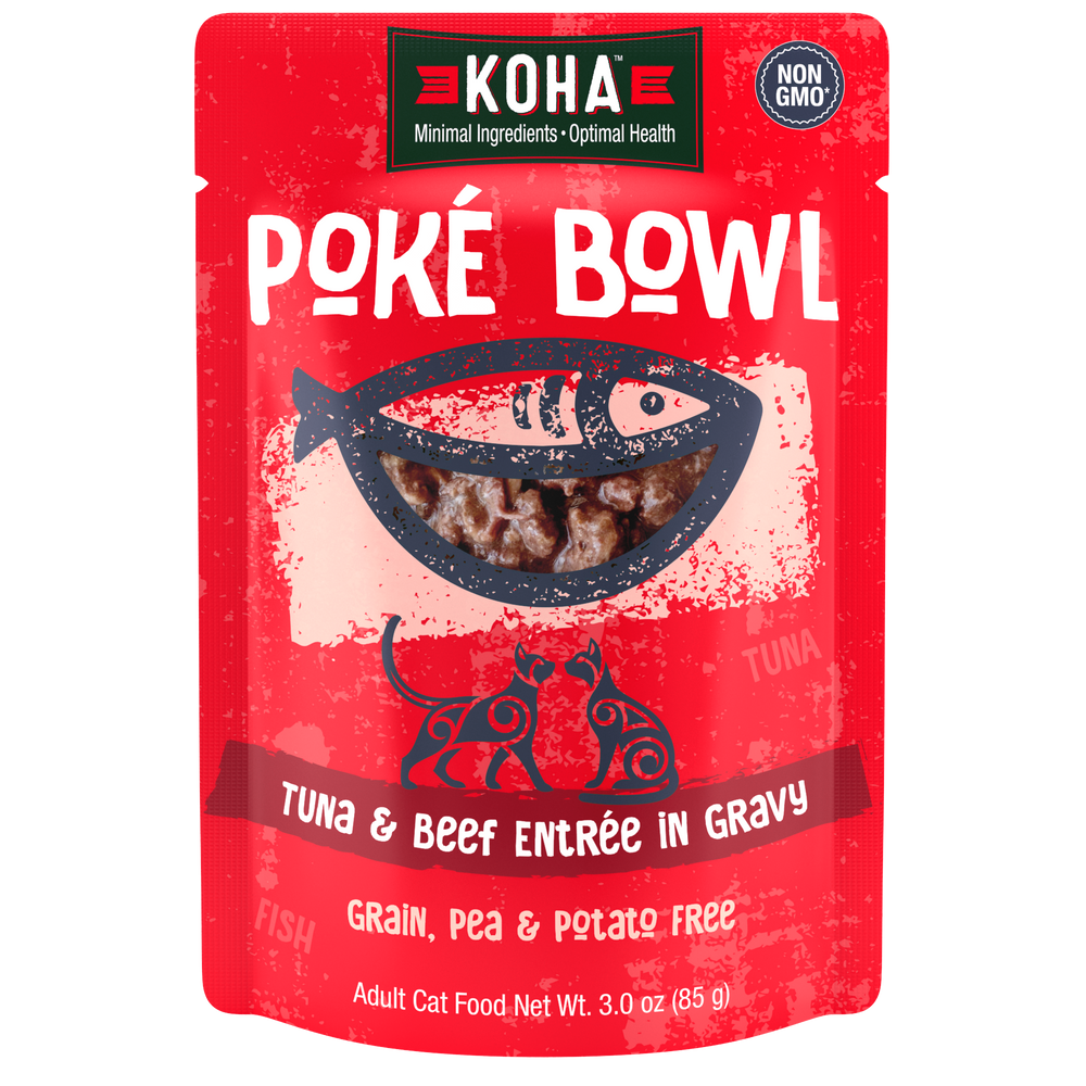 KOHA Poké Bowl Tuna & Beef Entrée in Gravy adult cat food pouch. Grain, pea and potato free and non-GMO.
