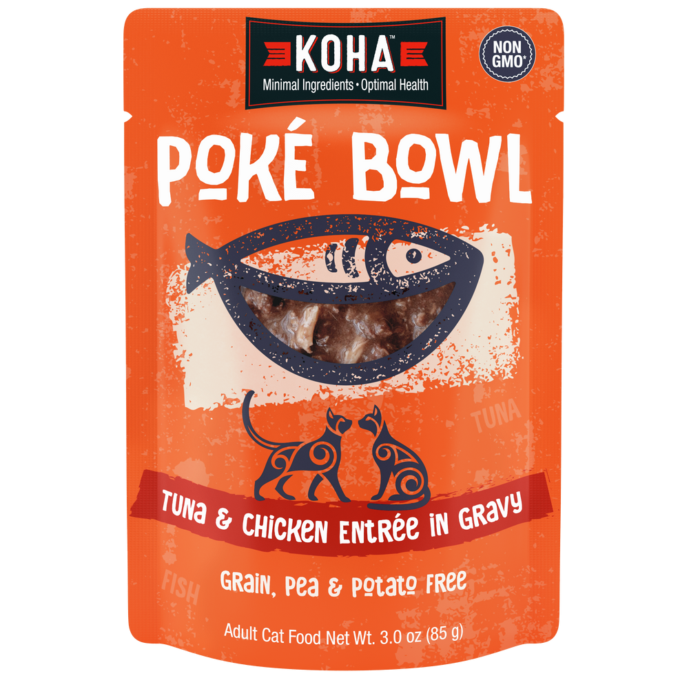 KOHA Poké Bowl Tuna & Chicken Entrée in Gravy adult cat food pouch. Grain, pea and potato free and non-GMO.