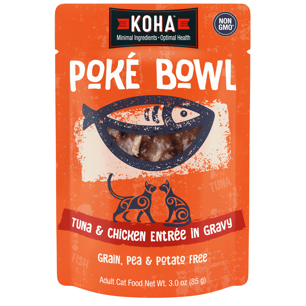 KOHA Poké Bowl Tuna & Chicken Entrée in Gravy adult cat food pouch. Grain, pea and potato free and non-GMO.