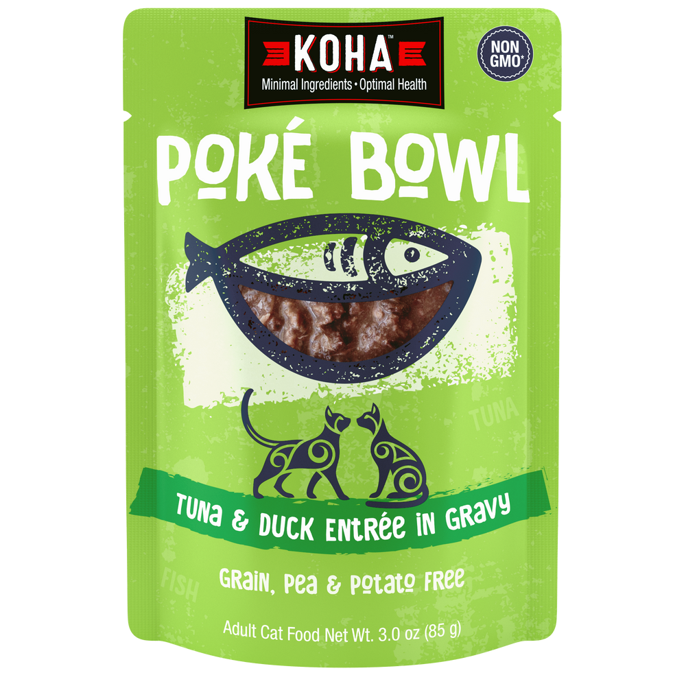 KOHA Poké Bowl Tuna & Duck Entrée in Gravy adult cat food pouch. Grain, pea and potato free and non-GMO.
