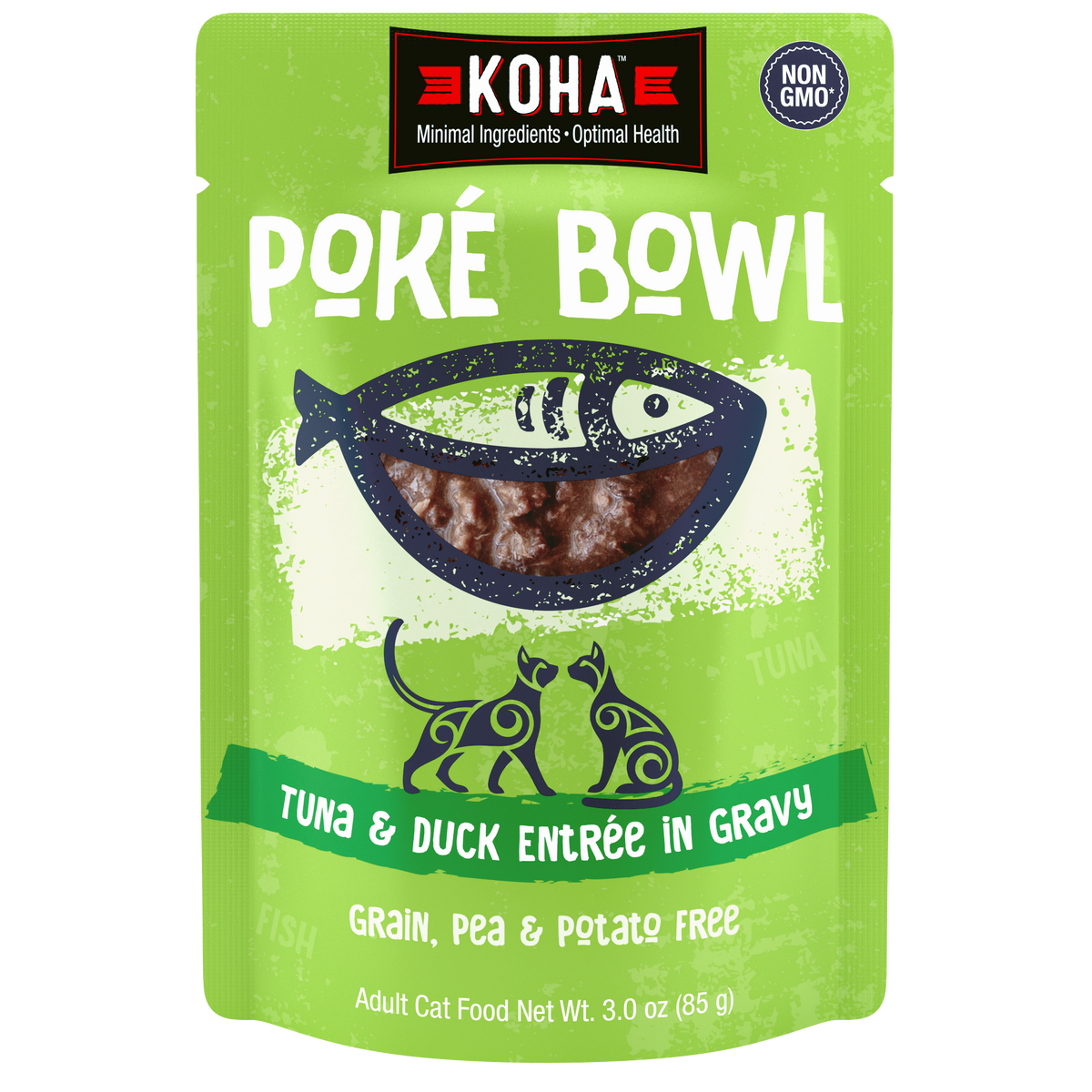 KOHA Poké Bowl Tuna & Duck Entrée in Gravy adult cat food pouch. Grain, pea and potato free and non-GMO.