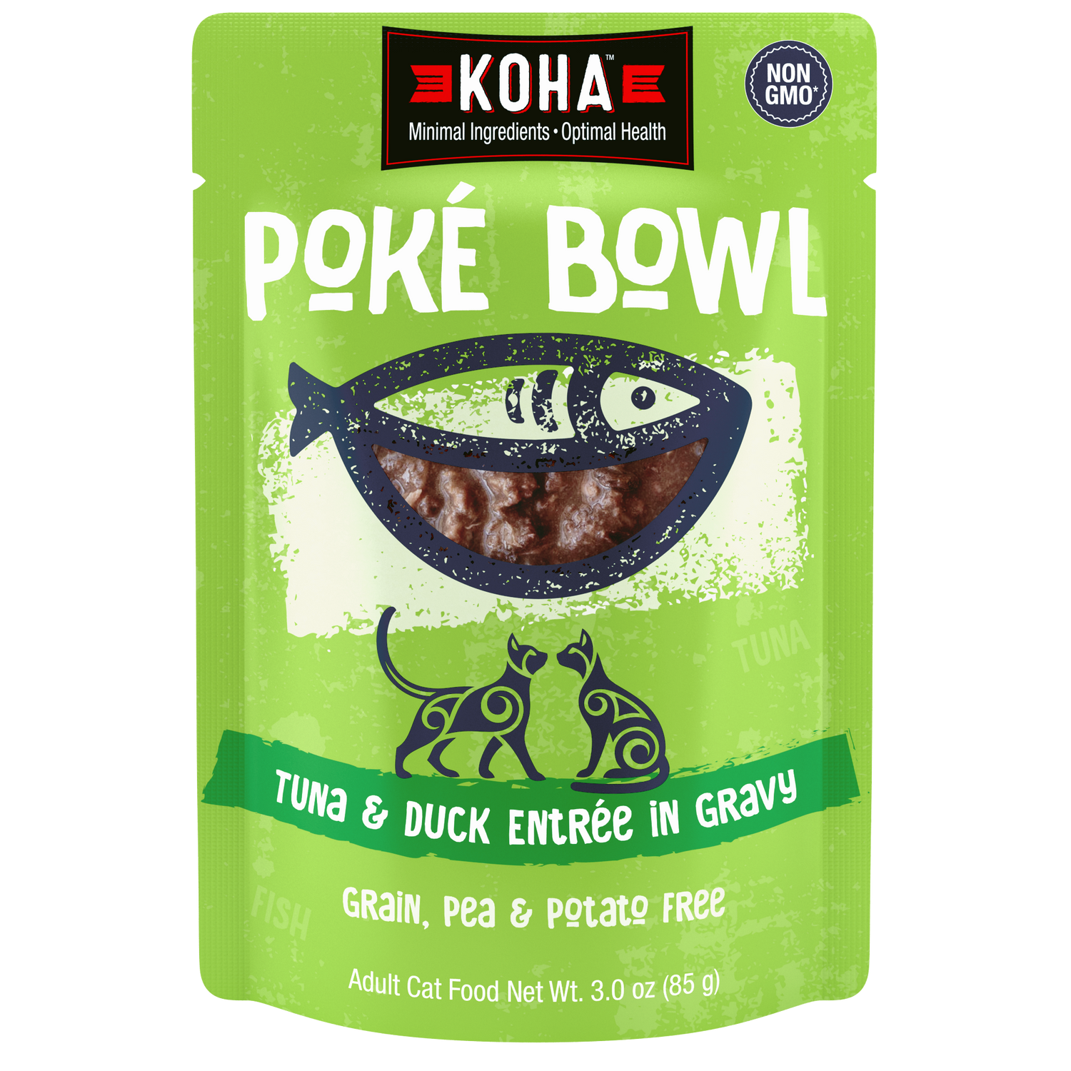 KOHA Poké Bowl Tuna & Duck Entrée in Gravy adult cat food pouch. Grain, pea and potato free and non-GMO.