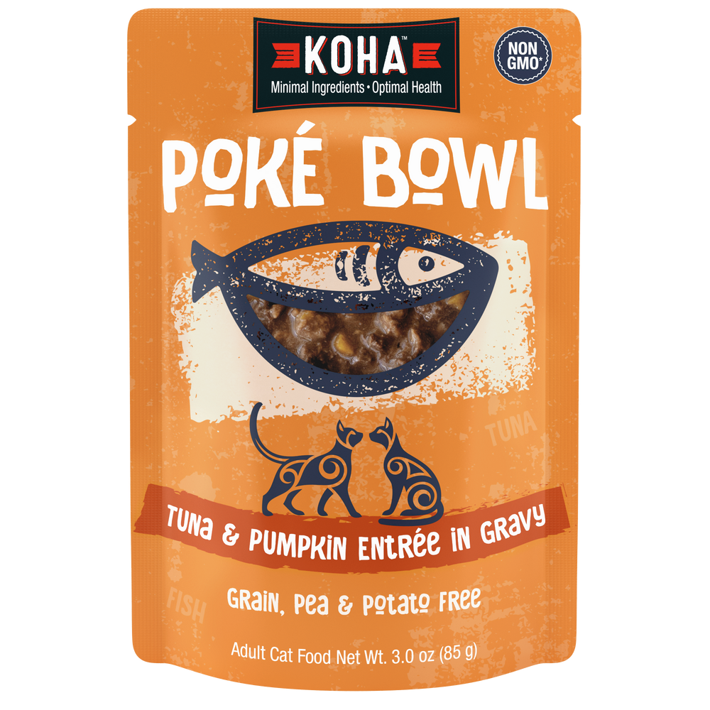KOHA Poké Bowl Tuna & Pumpkin Entrée in Gravy adult cat food pouch. Grain, pea and potato free and non-GMO.