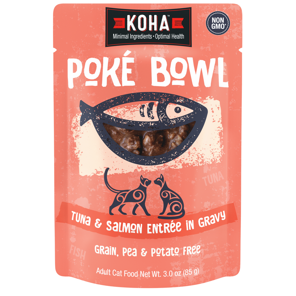 KOHA Poké Bowl Tuna & Salmon Entrée in Gravy adult cat food pouch. Grain, pea and potato free and non-GMO.