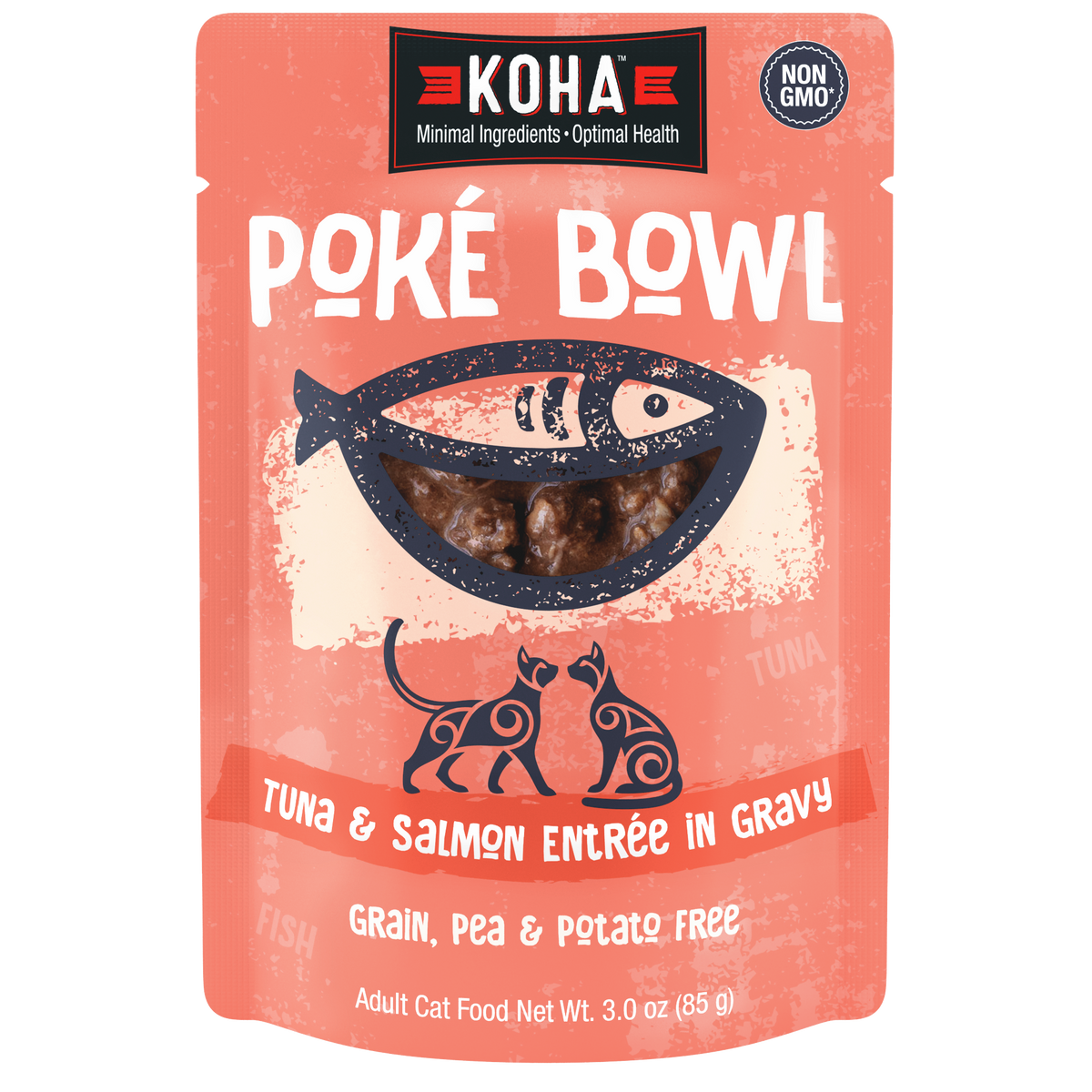 KOHA Poké Bowl Tuna & Salmon Entrée in Gravy adult cat food pouch. Grain, pea and potato free and non-GMO.
