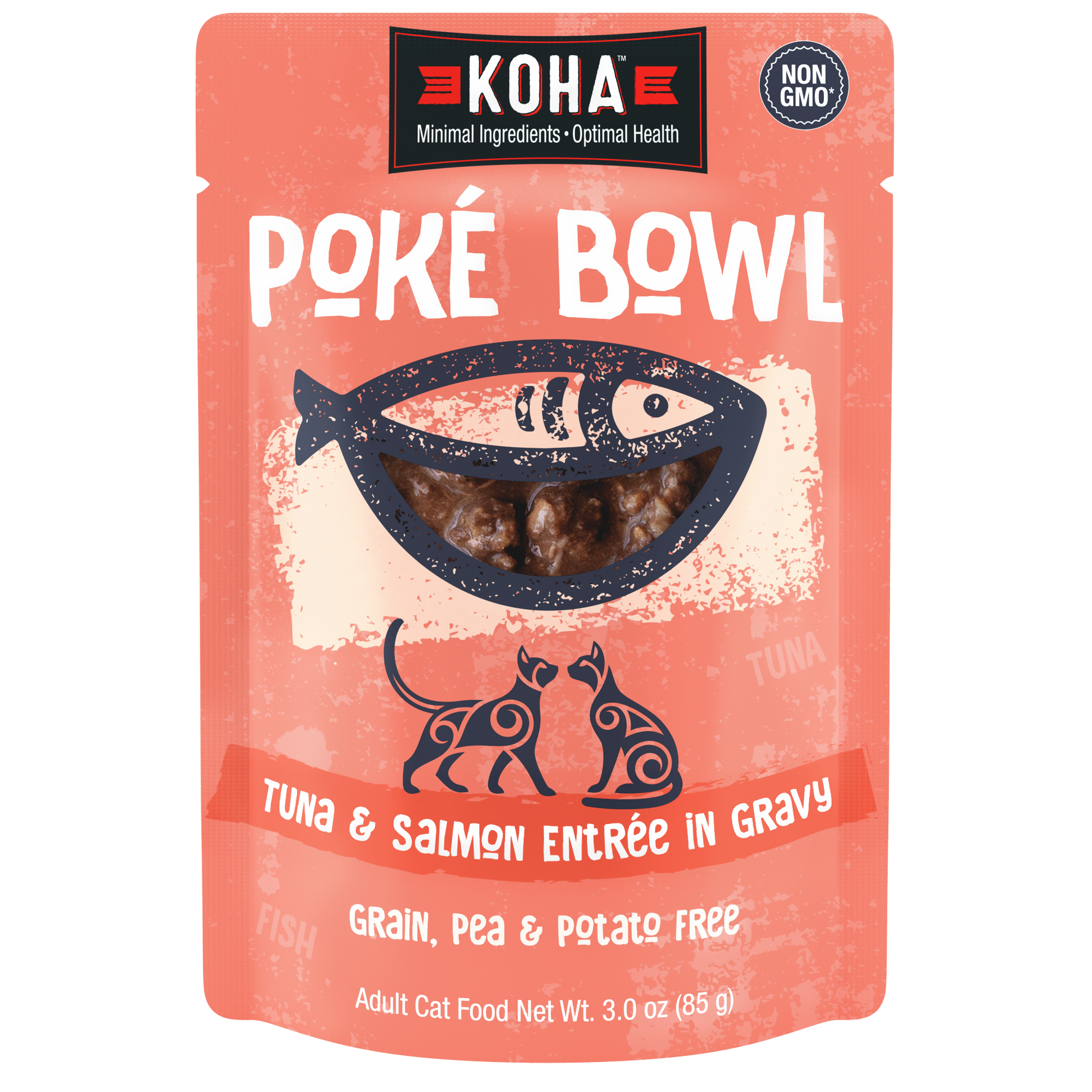 KOHA Poké Bowl Tuna & Salmon Entrée in Gravy adult cat food pouch. Grain, pea and potato free and non-GMO.