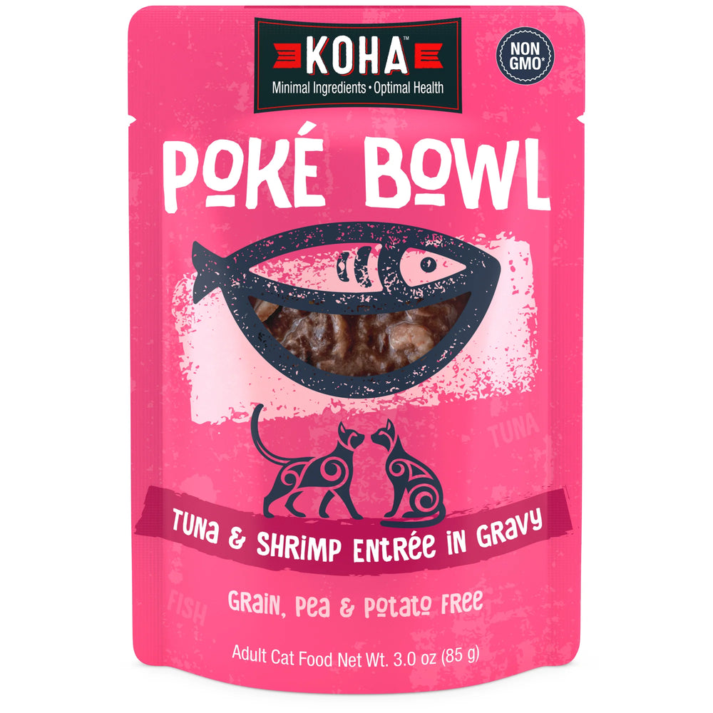 KOHA Poké Bowl Tuna & Shrimp Entrée in Gravy adult cat food pouch. Grain, pea and potato free and non-GMO.
