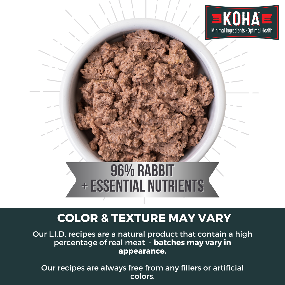 Koha pet food in a bowl with text about ingredients and color texture variation.